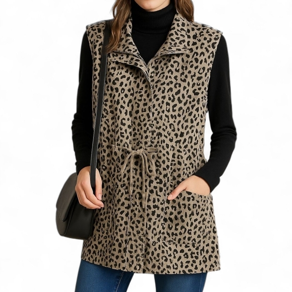 Ashley Mason Jackets & Blazers - Ashley Mason Sleeveless Safari Vest | Tan Black Leopard Print Zip Front Large